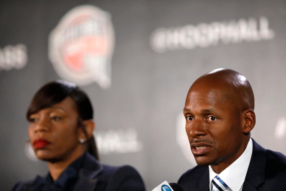 Ray Allen donated 30 computers and furniture to Lake Stevens Middle School in Miami. (AP Photo/Charlie Neibergall)