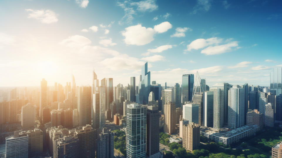 An aerial view of a city skyline, its buildings glittering in the sunlight, reflecting the company's focus on real estate investments. 