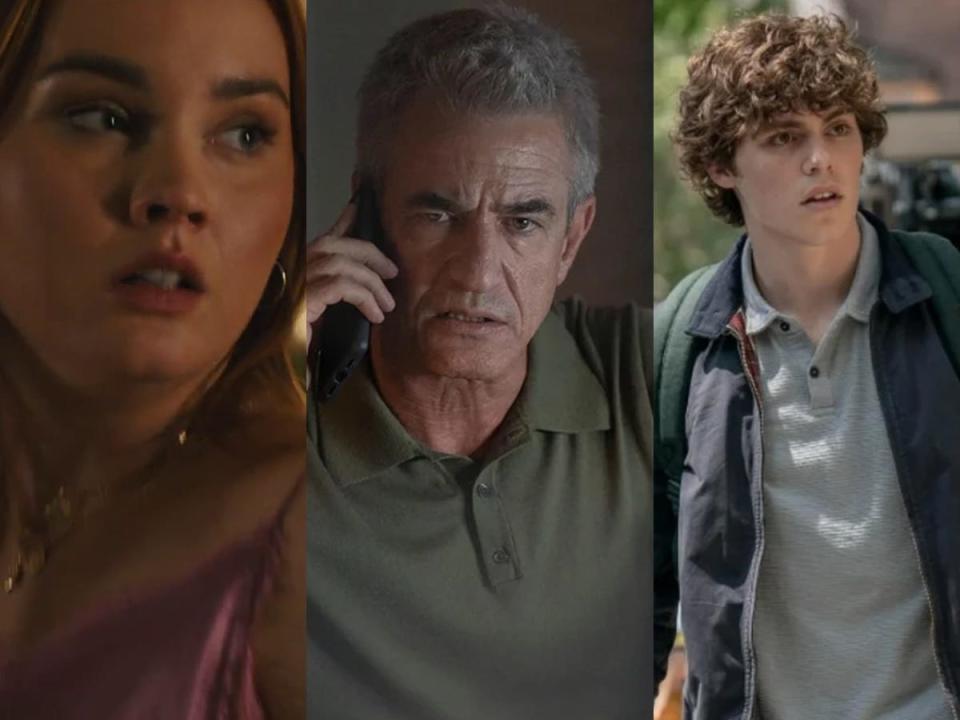 Liana Liberato as Quinn Bailey, Dermot Mulroney as Detective Wayne Bailey, and Jack Champion as Ethan Landry in "Scream 6."