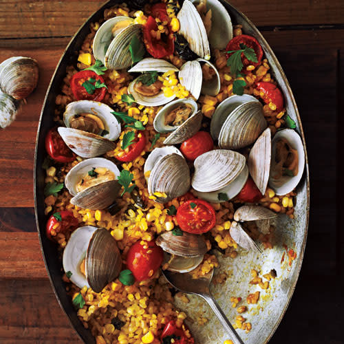 Paella with Poblanos, Corn, and Clams