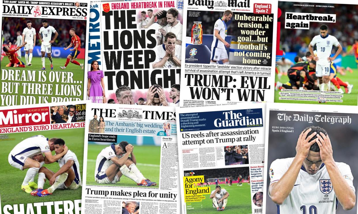 <span>Composite of UK papers. Headlines on Monday were dominated by England’s loss at the 2024 Euros final.</span><span>Composite: Daily Express / Metro UK / Daily Mail / i / The Mirror / The Times / The Guardian / The Daily Telegraph</span>