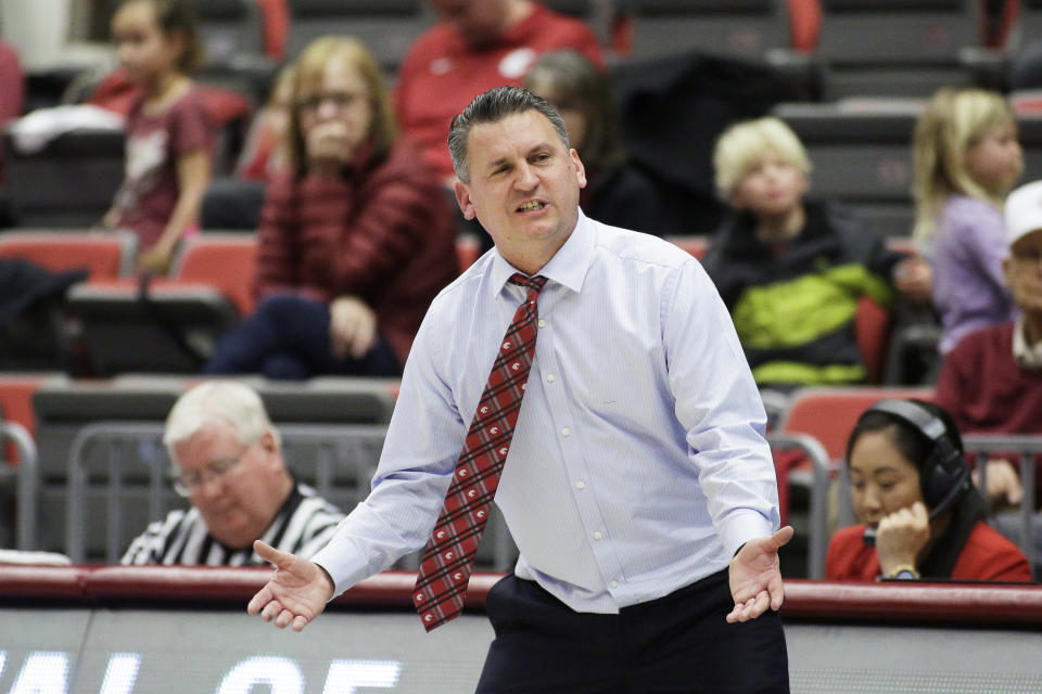 Washington State head coach Kyle Smith reacts to an official's call during the second half of an NCAA college basketball game against Stanford in Pullman, Wash., Sunday, Feb. 23, 2020. Stanford won 75-57. (AP Photo/Young Kwak)