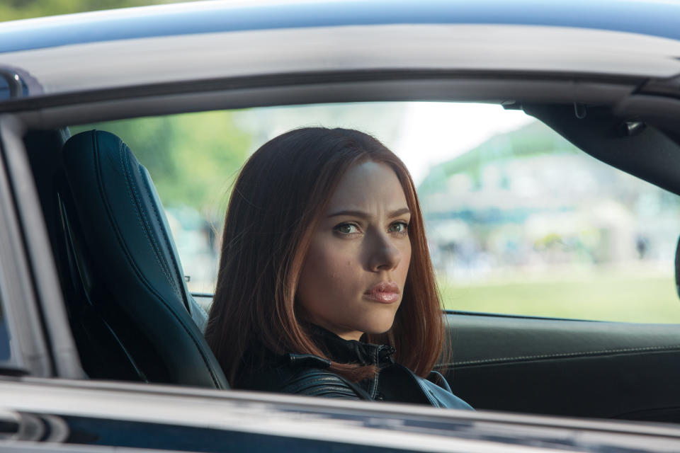 This image released by Marvel shows Scarlett Johansson in a scene from "Captain America: The Winter Soldier." (AP Photo/Marvel-Disney)