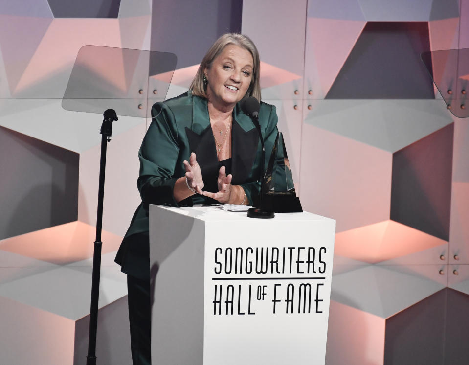 Inductee Liz Rose speaks at the 52nd annual Songwriters Hall of Fame induction and awards ceremony at the New York Marriott Marquis Hotel on Thursday, June 15, 2023, in New York. (Photo by Evan Agostini/Invision/AP)