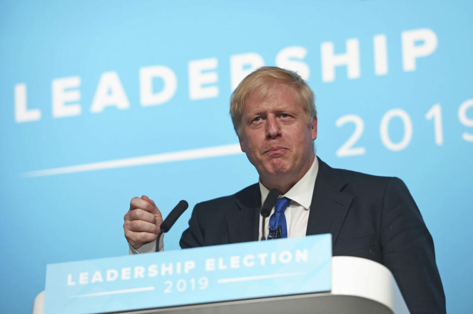 Conservative party leadership candidate Boris Johnson speaks during a Tory leadership hustings at the All Nations Centre in Cardiff, Wales, Saturday, July 6, 2019. (David Mirzoeff/PA via AP)