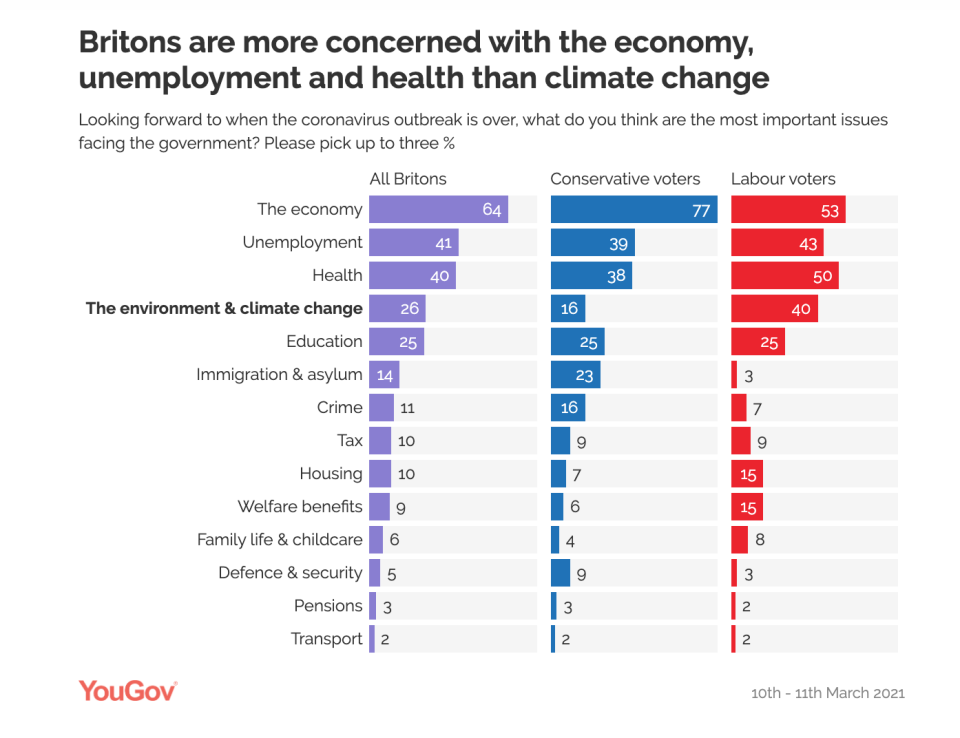 The YouGov poll asked Britons what the three most pressing issues are for the government after the pandemic. (YouGov)