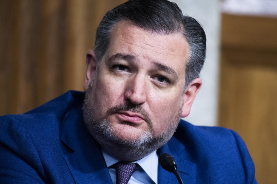 FILE - In this April 28, 2021 file photo, Sen. Ted Cruz, R-Texas, listens during the the Senate Judiciary Committee confirmation hearing in Dirksen Senate Office Building in Washington. On Friday, May 28, 2021, The Associated Press reported on stories circulating online incorrectly asserting that a video shows Cruz swallowing a fly during a Fox News interview. On June 27, 2019, Cruz, a Republican, appeared on the Fox News show “Hannity,” but there was no insect in the original clip. (Tom Williams/Pool via AP, File)