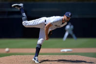 May 15, 2018; San Diego, CA, USA; San Diego Padres relief pitcher Jordan Lyles (27) pitches during the eighth inning against the Colorado Rockies at Petco Park. Mandatory Credit: Jake Roth-USA TODAY Sports