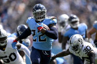 Tennessee Titans running back Derrick Henry (22) carries the ball against the Las Vegas Raiders in the first half of an NFL football game Sunday, Sept. 25, 2022, in Nashville, Tenn. (AP Photo/John Amis)