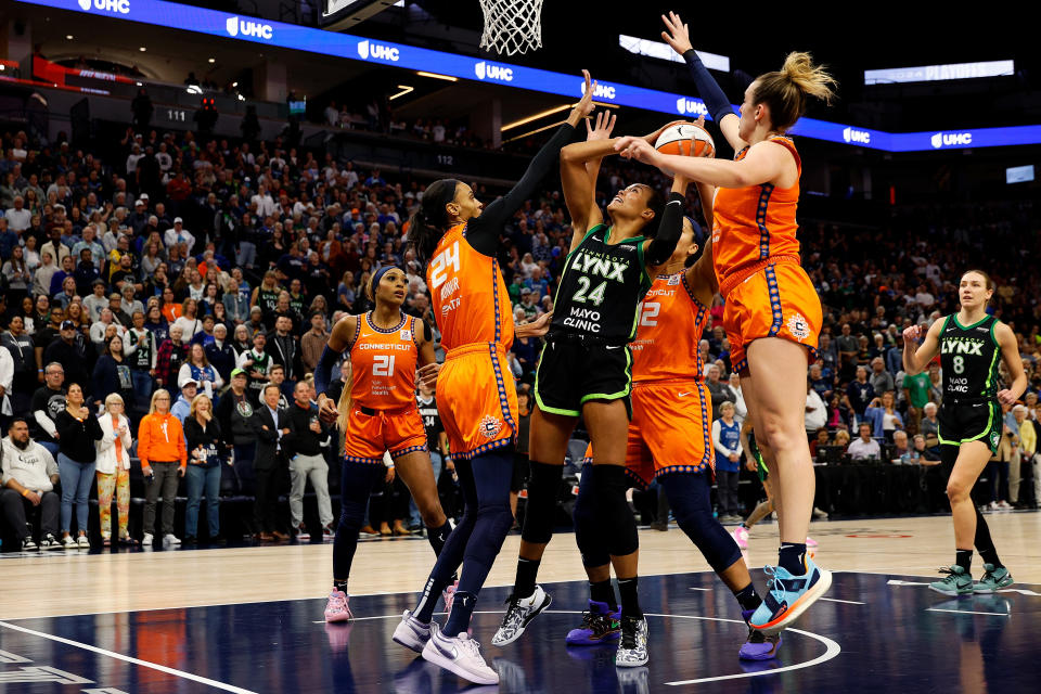 MINNEAPOLIS, MINNESOTA - OCTOBER 01: Napheesa Collier #24 of the Minnesota Lynx goes up for a shot against the Connecticut Sun in the first quarter of Game Two of the Semi-Finals during the WNBA Playoffs at Target Center on October 01, 2024 in Minneapolis, Minnesota. NOTE TO USER: User expressly acknowledges and agrees that, by downloading and or using this photograph, User is consenting to the terms and conditions of the Getty Images License Agreement. (Photo by David Berding/Getty Images)