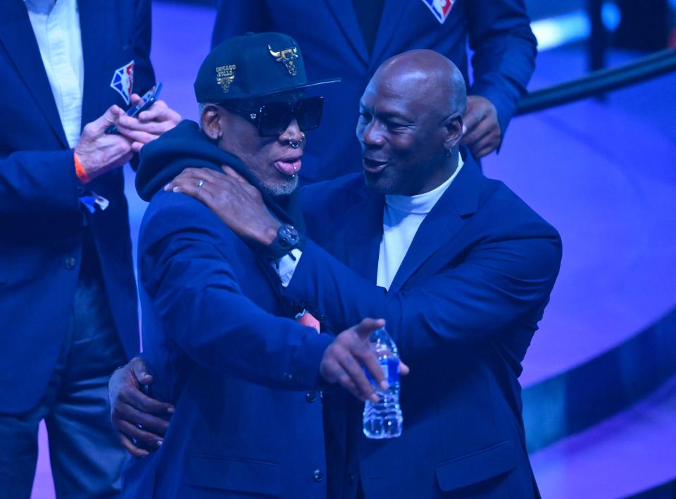 Michael Jordan shares a laugh with Dennis Rodman.