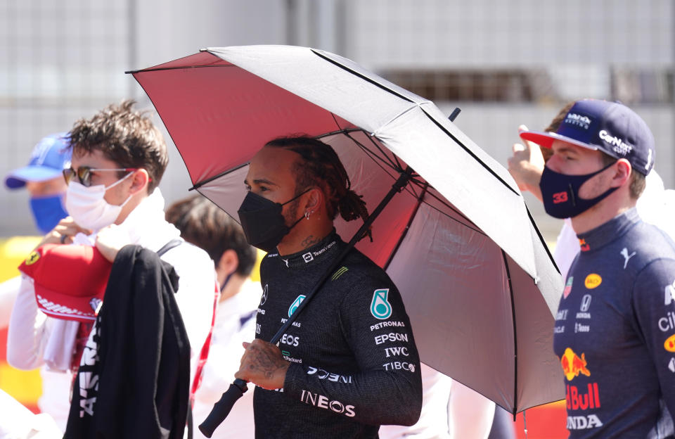 <p>Mercedes' Lewis Hamilton (left) and Max Verstappen prior to the start of the British Grand Prix at Silverstone, Towcester. Picture Date: Sunday July 18, 2021.</p>
