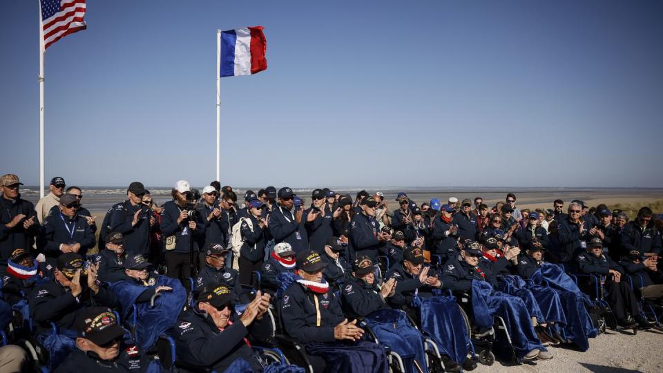 U.S. veterans attend the commemoration organized by the Best Defense Foundation at Utah Beach near Sainte-Marie-du-Mont, Normandy, France, Sunday, June 4, 2023, ahead of the D-Day anniversary. (Thomas Padilla/AP)
