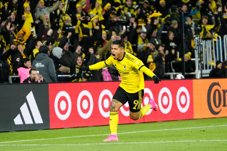 Nov 1, 2023; Columbus, Ohio, USA; Columbus Crew forward Cucho Hernandez (9) celebrates scoring a goal during the first half of the first round MLS Cup Playoffs matchup against Atlanta United at Lower.com Field.