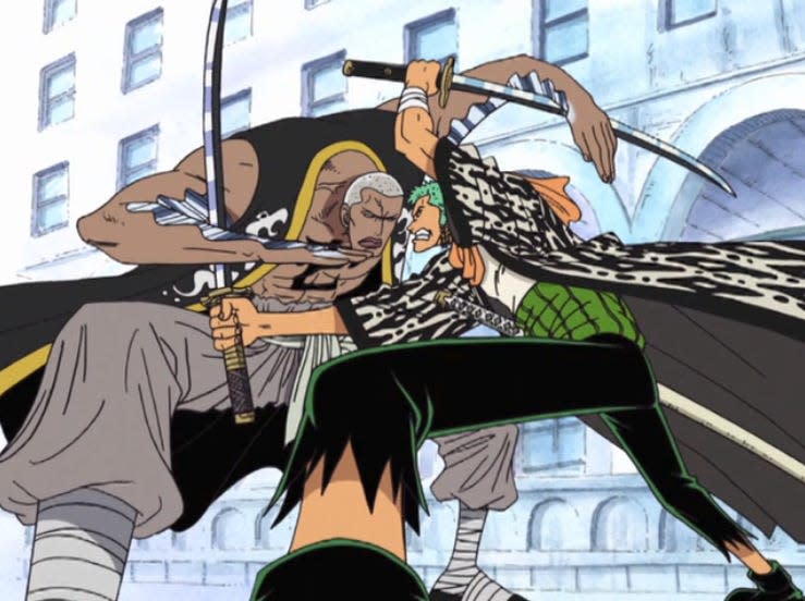 zoro, a swordsman, and mr. 1, a man with blade-liek arms, glash blades in the one piece anime