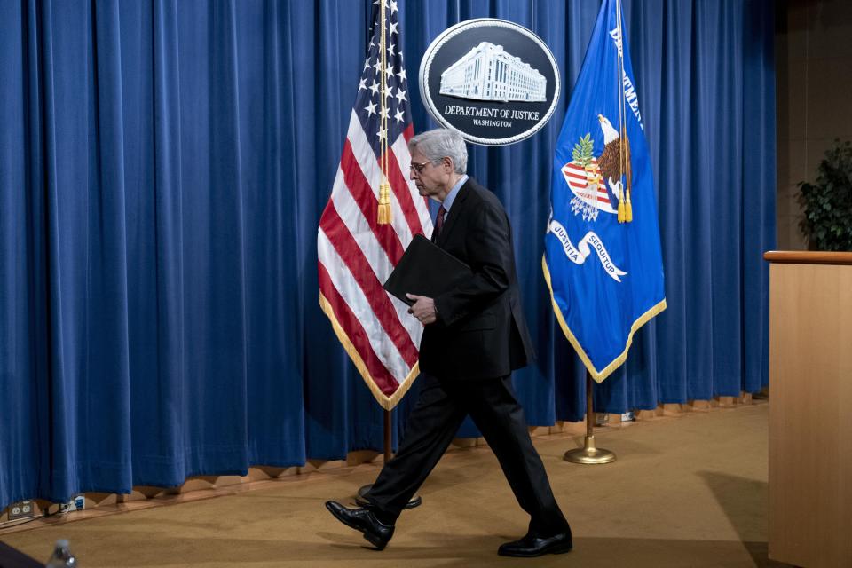 Attorney General Merrick Garland leaves after speaking about a jury's verdict in the case against former Minneapolis Police Officer Derek Chauvin in the death of George Floyd, at the Department of Justice, Wednesday, April 21, 2021, in Washington. (AP Photo/Andrew Harnik, Pool)