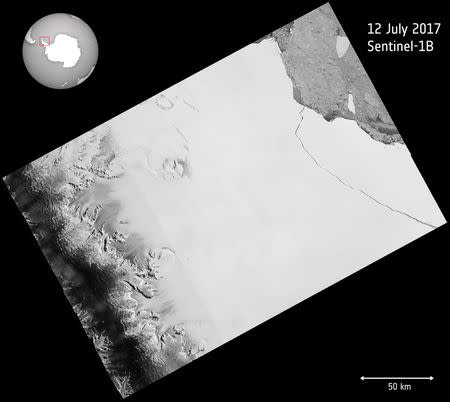 The one trillion tonne iceberg, measuring 5,800 square km, calved away from the Larsen C Ice Shelf in Antarctica, in an image taken July 12, 2017. REUTERS/via European Space Agency