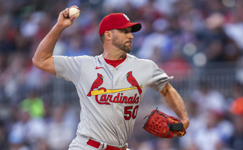 St. Louis Cardinals starting pitcher Adam Wainwright throws to an Atlanta Braves batter during the first inning of a baseball game Thursday, Sept. 7, 2023, in Atlanta. (AP Photo/Hakim Wright Sr.)