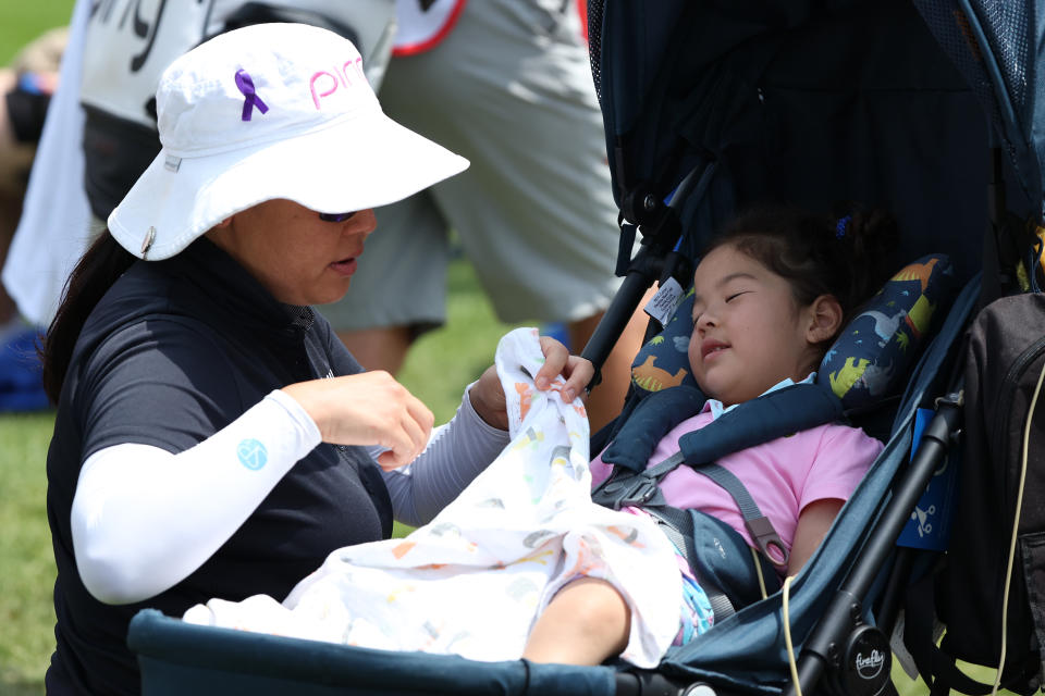 Jane Park visits with her daughter Grace Park after completing the third hole during Day One of the Dow Great Lakes Bay Invitational at Midland Country Club in Midland, Michigan, on Wednesday, July 19, 2023. (Photo by Jorge Lemus/NurPhoto via Getty Images)