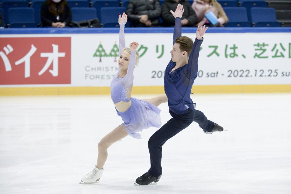 Juulia Turkkila and Matthias Versluis of Finland perform during the ice dance free dance of the ISU figure skating Grand Prix Espoo 2022 competition in Espoo, Finland, Saturday, Nov. 26, 2022. Turkkila and Versluis came third in the event. (Mikko Stig/Lehtikuva via AP)