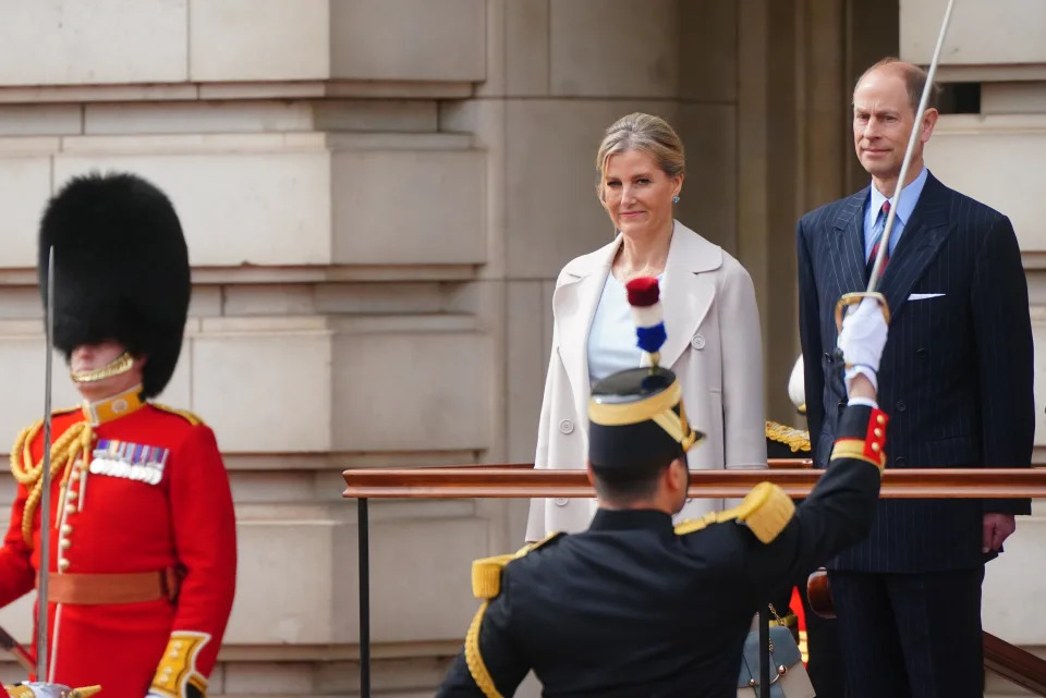 LONDON, ENGLAND - APRIL 8: Sophie, Duchess of Edinburgh and Prince Edward, Duke of Edinburgh on behalf of King Charles III, watch the Changing of the Guard at Buckingham Palace with France's Gendarmerie's Garde Republicaine taking part to commemorate the 120th anniversary of the Entente Cordiale - the historic diplomatic agreement between Britain and France which laid the groundwork for their collaboration in both world wars on April 8, 2024 in London, England. (Photo by Victoria Jones-Pool/Getty Images)