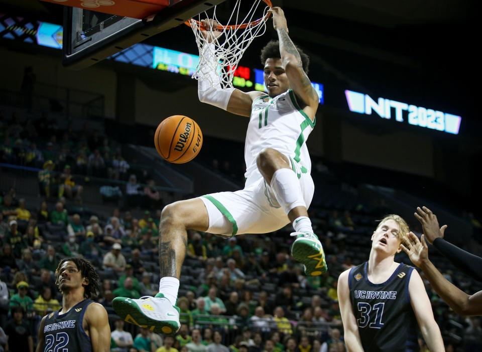 Oregon guard Rivaldo Soares dunks during the second half of the Ducks' win against UC Irvine in their NIT opener Wednesday in Matthew Knight Arena.