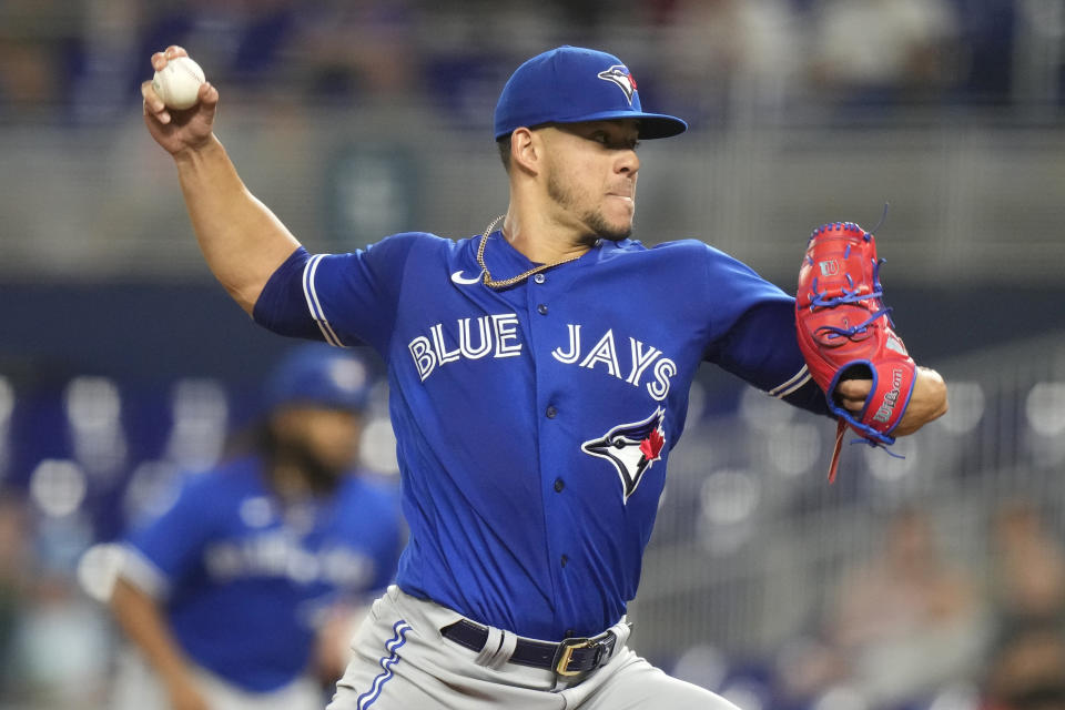 Toronto Blue Jays starting pitcher Jose Berrios throws during the first inning of a baseball game against the Miami Marlins, Monday, June 19, 2023, in Miami. (AP Photo/Lynne Sladky)