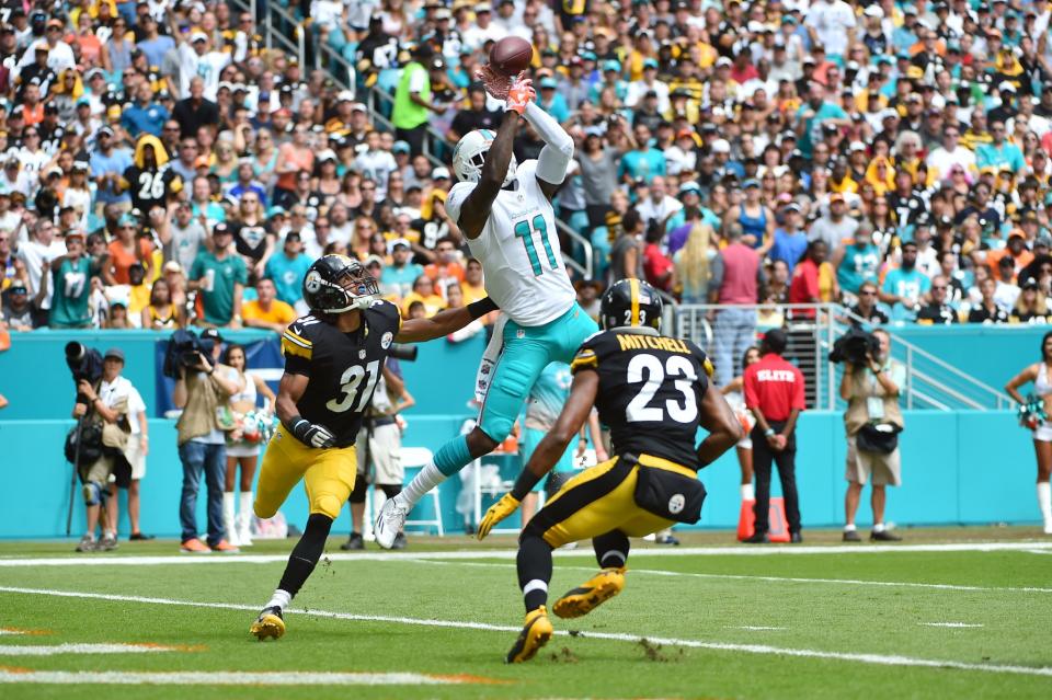 <p>Miami Dolphins wide receiver DeVante Parker (11) fails to catch a pass in the end zone against the Pittsburgh Steelers during the first half at Hard Rock Stadium. Mandatory Credit: Jasen Vinlove-USA TODAY Sports </p>