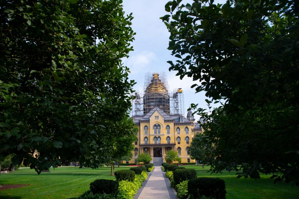 The Golden Dome of the Main Building is one of the famous spots on the campus of Notre Dame. The scaffolding is now coming down after a summertime renovation.