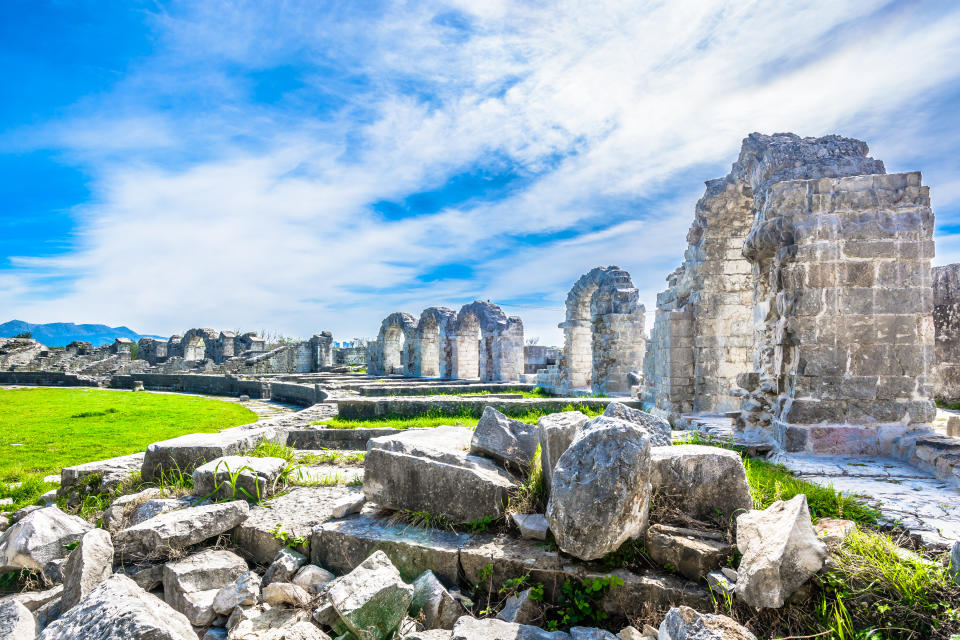 Picturesque scenic view at outdoors public amphitheater in Salona, old roman province in Croatia near town Split, Croatia.