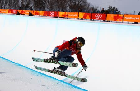 Feb 19, 2018; Pyeongchang, South Korea; Elizabeth Marian Swaney (HUN) in the ladies' ski halfpipe qualifications during the Pyeongchang 2018 Olympic Winter Games at Phoenix Snow Park. Mandatory Credit: Guy Rhodes-USA TODAY Sports