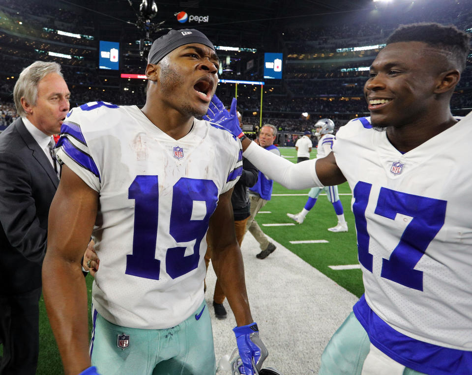 Amari Cooper (19) is pumped after scoring the winning touchdown in overtime against the Eagles. (Getty Images)