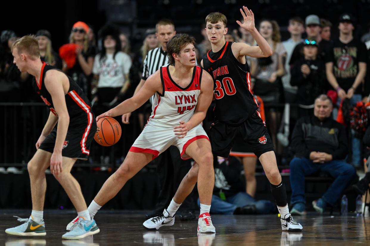Brandon Valley's center Josh Olthoff (44) drives to the basket on Thursday, March 14, 2024 at Denny Sanford Premier Center in Sioux Falls.