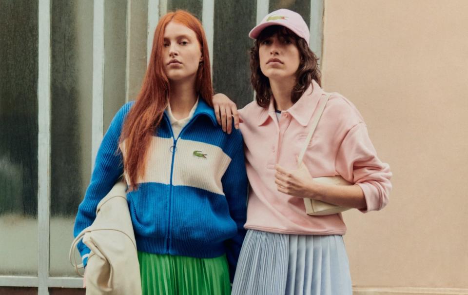 Lacoste is on trend with tennis skirts, polo shirts and cardigans in delightful pastel tones and grass green.