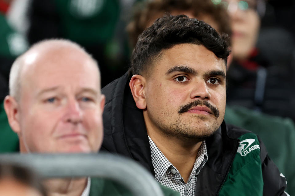 SYDNEY, AUSTRALIA - AUGUST 08: Latrell Mitchell of the Rabbitohs looks on from the stands during the round 23 NRL match between South Sydney Rabbitohs and Melbourne Storm at Accor Stadium, on August 08, 2024, in Sydney, Australia. (Photo by Brendon Thorne/Getty Images)