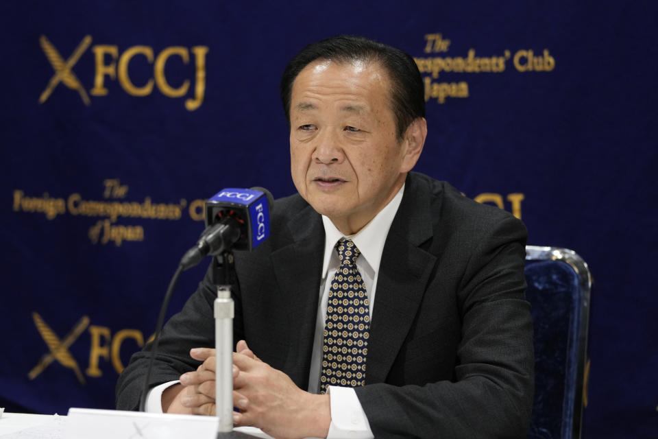 Hideji Suzuki, former president of the Japan China youth exchange association, speaks at a news conference in Tokyo, Wednesday, Nov. 30, 2022. Suzuki, who recently returned home from six years in a Beijing prison on spying charges, said he came forward to raise alarm over China’s “serious human rights problems” as the country increasingly becomes influential. (AP Photo/Hiro Komae)