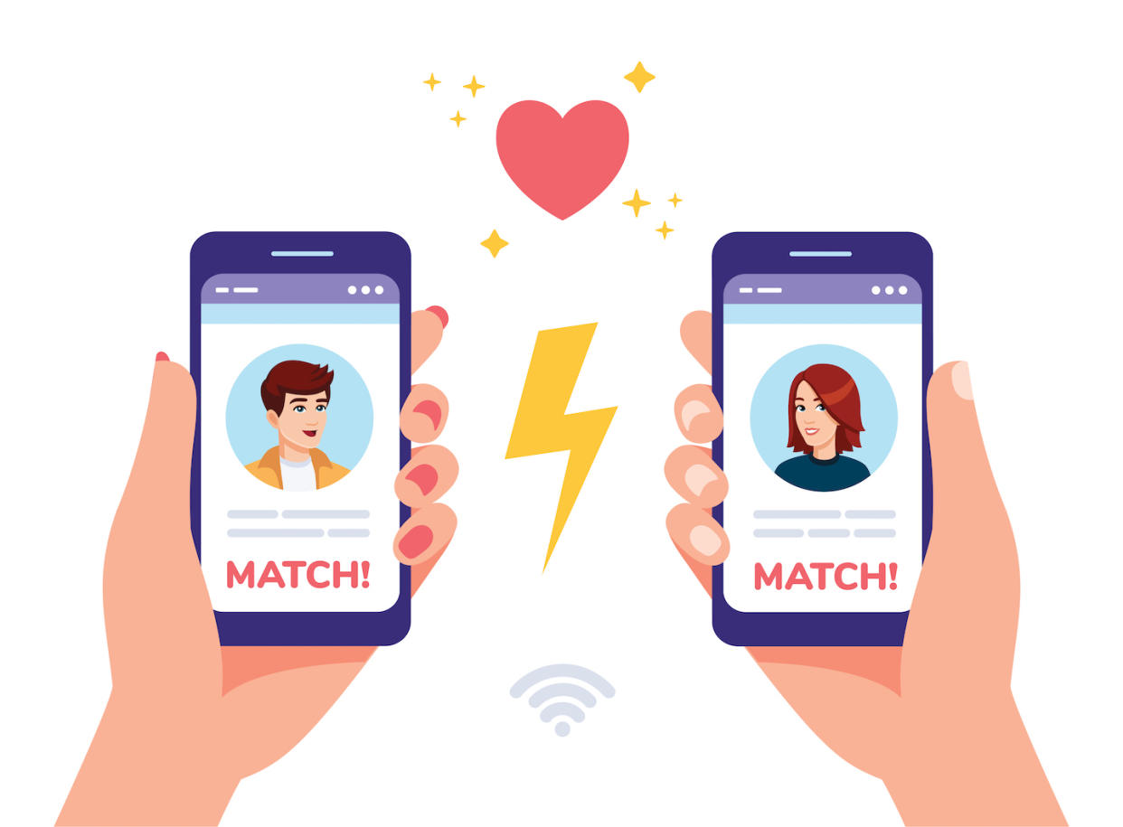 A man and a woman holding smartphones with profiles of each other in dating service app. Virtual relationship, social media dating, profiles match flat style illustration