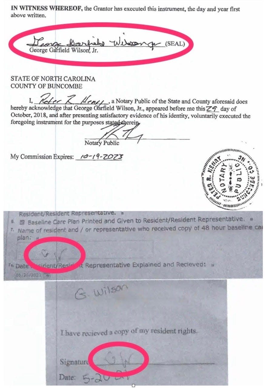 A comparison of George Wilson Jr.’s signatures: top, on a deed notarized by Peter Henry, and bottom, on health forms.