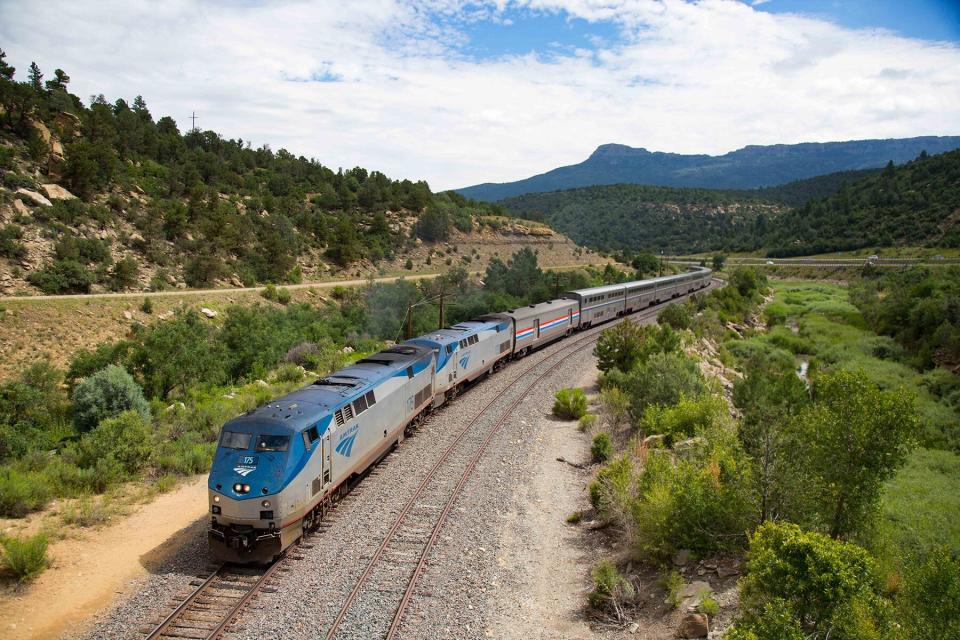 Aerial view of an Amtrak train Southwest Chief near Fishers Peak, Colorado.