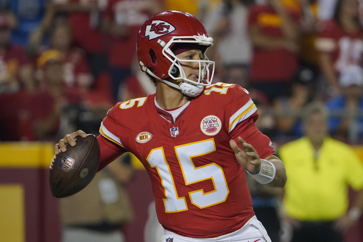 Kansas City Chiefs quarterback Patrick Mahomes (15) passes against the Detroit Lions during an NFL football game Thursday, Sept. 7, 2023, in Kansas City, Mo. (AP Photo/Ed Zurga)