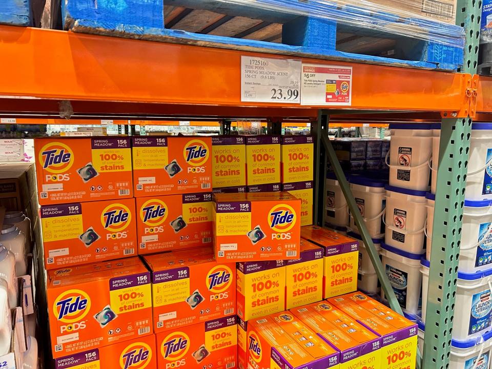 bulk boxes of tide pods on the shelves at costco