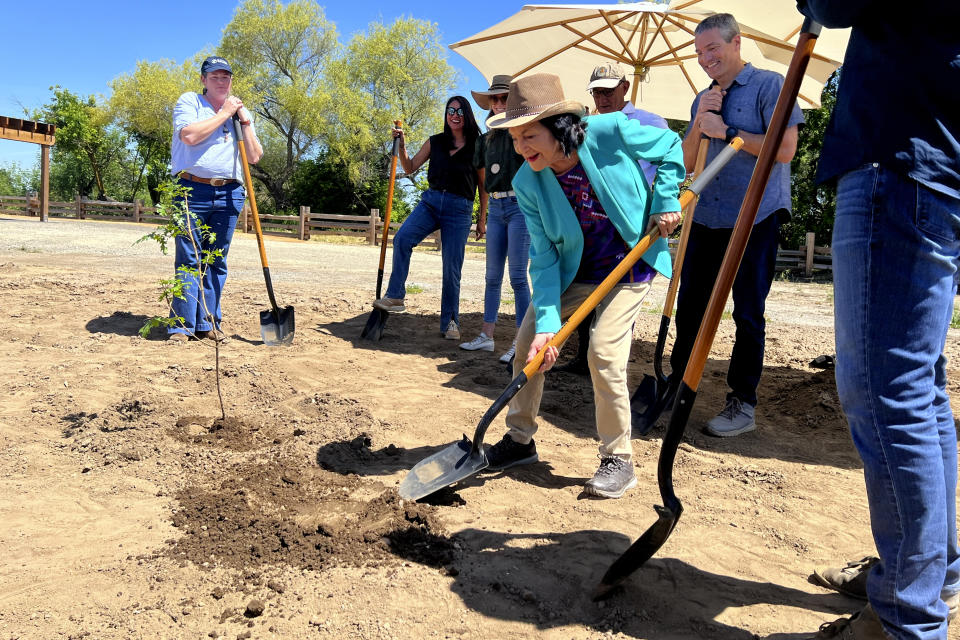 Civil Rights activist Dolores Huerta participates in a ground breaking ceremony where the state will open its first new state park in a decade at the Dos Rios property, in Modesto, Calif. on Monday April 22, 2024. The announcement comes as the state sets targets for cutting planet-warming emissions on natural lands. (AP Photo/Sophie Austin)