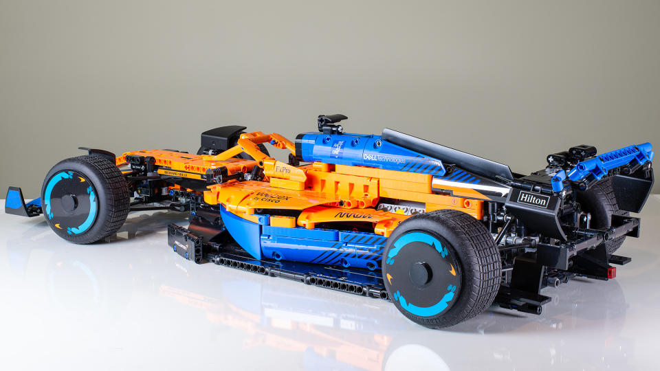 A 3/4 photo of the rear of the Lego Technic McLaren Formula 1 Race Car