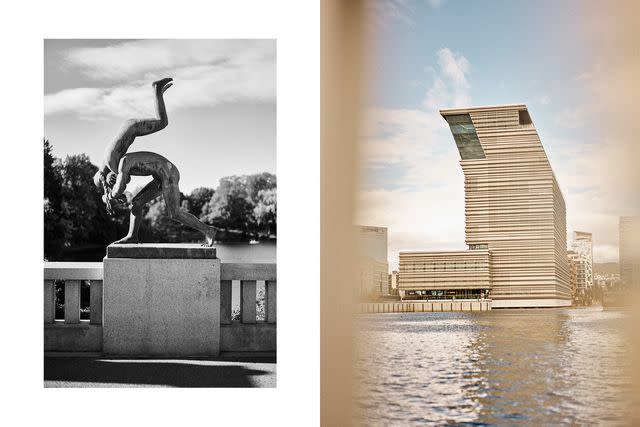 <p>Øivind Haug</p> From left: One of more than 200 works by early-20th-century Norwegian sculptor Gustav Vigeland at Frogner Park; the Munch museum, designed by Spanish architecture firm Estudio Herreros, overlooks Bjørvika Bay.