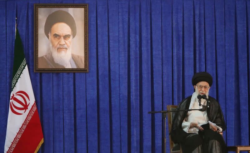 FILE PHOTO: Iran's Supreme Leader Ayatollah Ali Khamenei delivers a speech during a ceremony marking the death anniversary of the founder of the Islamic Republic Ayatollah Ruhollah Khomeini, in Tehran