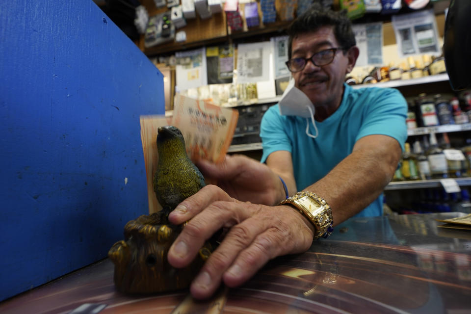 Cashier Ronald Francisco Marin rubs for luck purchased lottery tickets on the back of a bluebird at the Bluebird Liquor store in Hawthorne, Calif., Saturday, Nov. 5, 2022. (AP Photo/Damian Dovarganes)