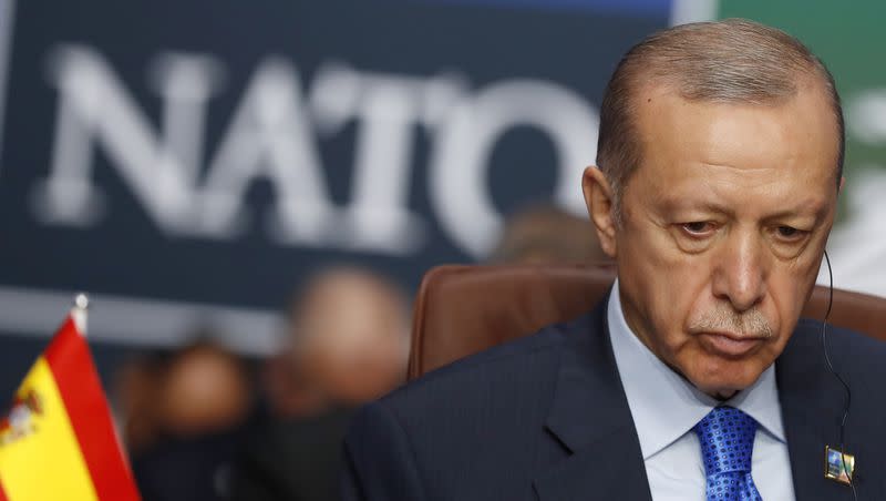 Turkish President Recep Tayyip Erdogan waits for the start of a roundtable meeting of the North Atlantic Council during a NATO summit in Vilnius, Lithuania, on July 11, 2023.