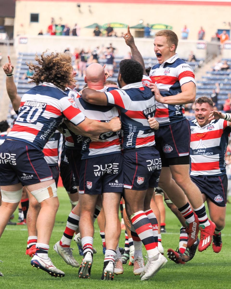 The New England Free Jacks celebrate after winning the Major League Rugby championship in suburban Chicago.