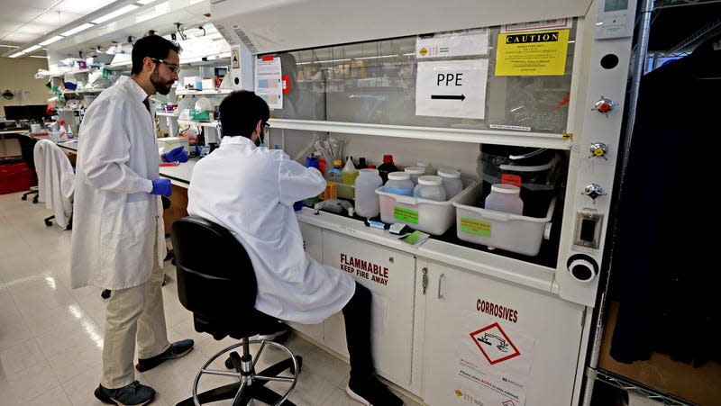 Two researchers at The Broad Institute, Sabeti Lab testing purchased milk at area grocery stores for the presence of bird flu. - Photo: David L. Ryan/The Boston Globe (Getty Images)