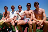 1987: Every five years, they agreed, they would return to the same place. They’d sit on the same bench with the same mountains in the background. And, they’d sit in the same order, Wardlaw on the far left, Dickson on the far right, and Rumer, Burney, and Molony in the middle. Molony always holds a jar in his right hand. Rumer has a hat of some sort on his right knee. They all wear serious expressions. (Courtesy of John Wardlaw)